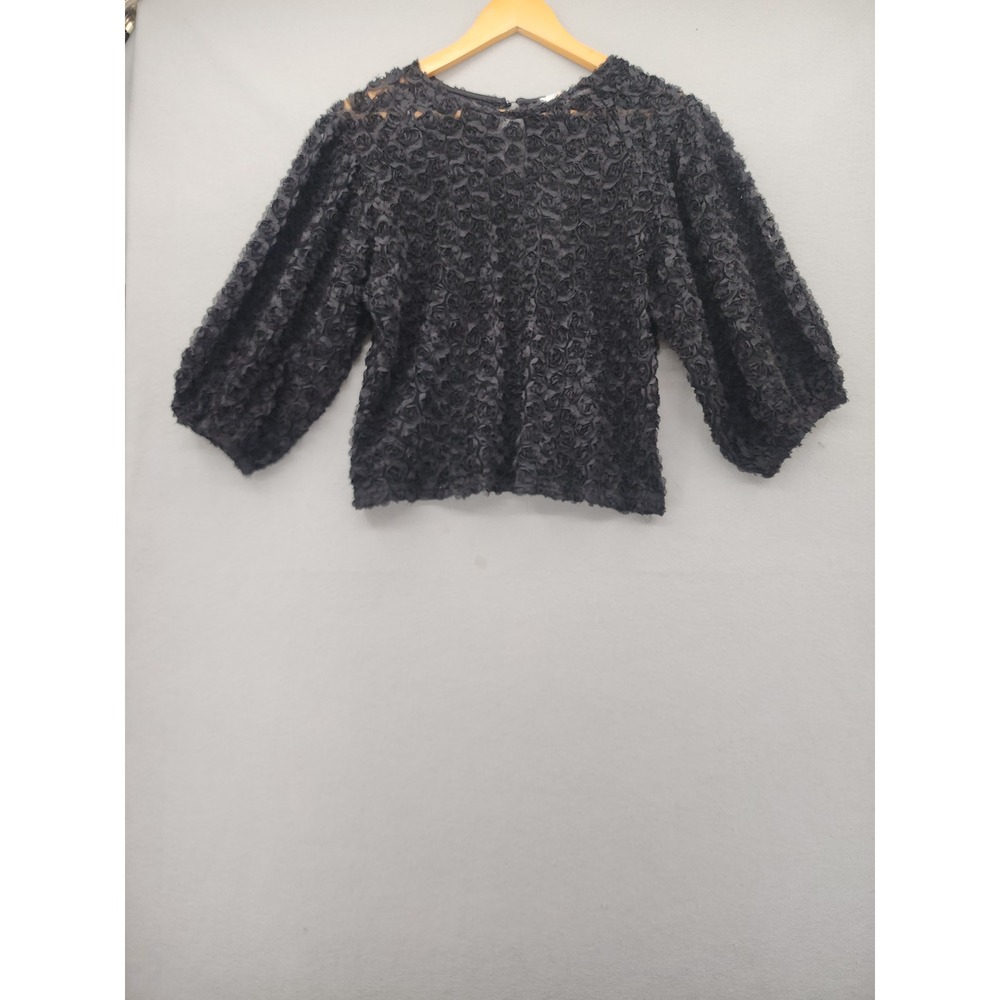 Melograno‎ Rico Black 3D Rosette Mesh Blouse Puff Sleeve Floral Sheer Top Medium